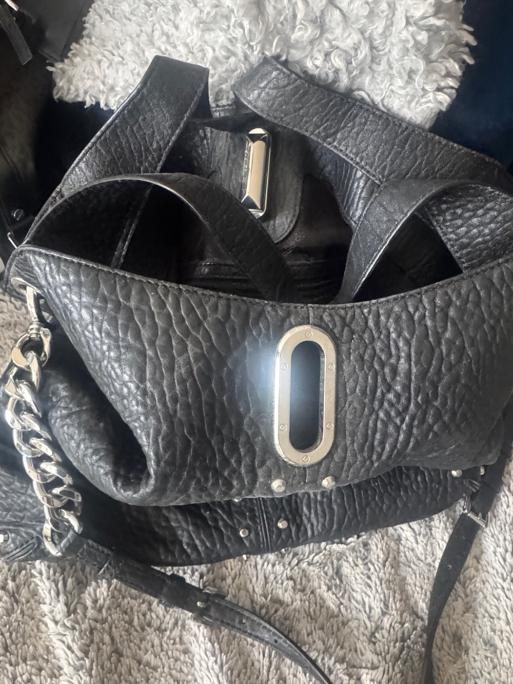 Michael Kors Collection Black Pebbled Leather Shoulder Bag with Silver Hardware